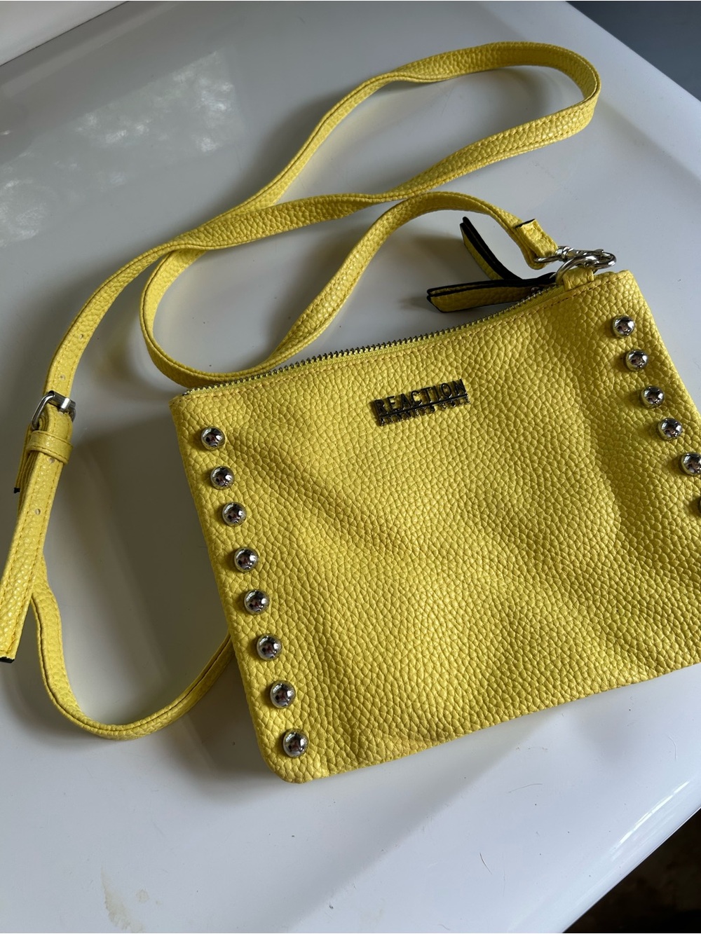 Kenneth Cole Reaction Yellow Studded Crossbody Bag Pebbled Faux Leather